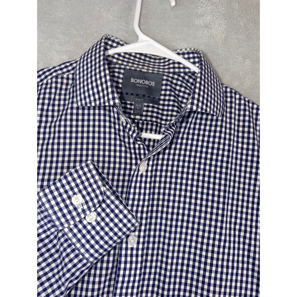 Bonobos Men's 15.5X32 Slim Fit Wrinkle Free Gingham Dress Shirt Navy White